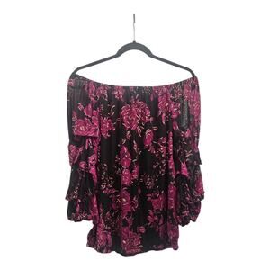 HARPER 241 Womens M Blouse Off Shoulders Floral Elastic Hem Layered Sleeves